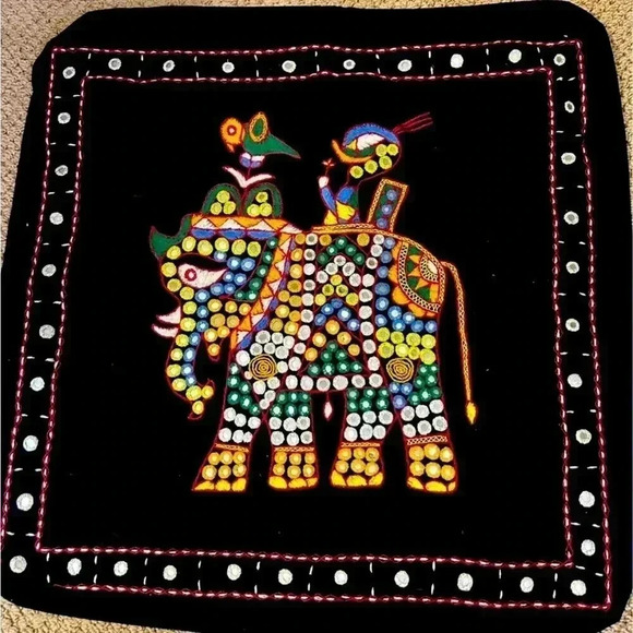 Other - 17” antique elephant embroidered square pillow cover. Covered in tiny mirrors